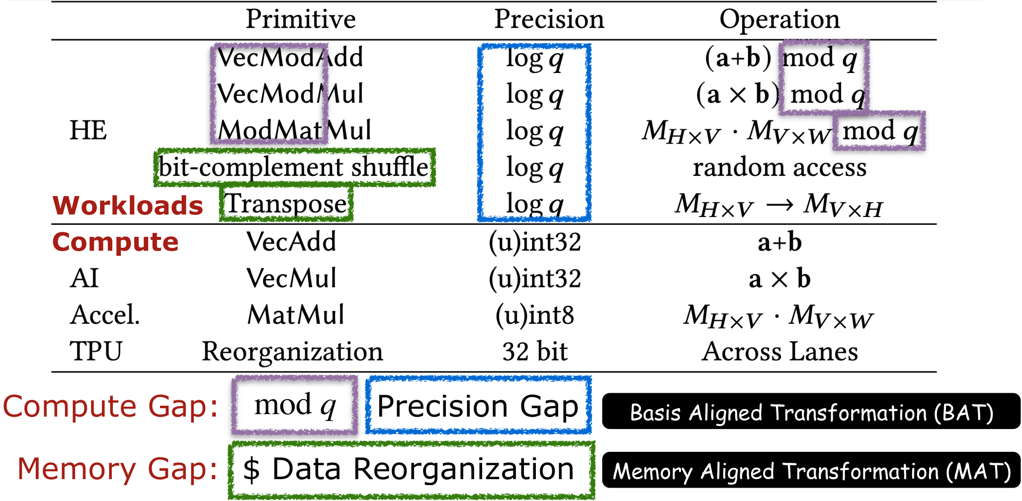 Compute and memory gap between HE and TPU